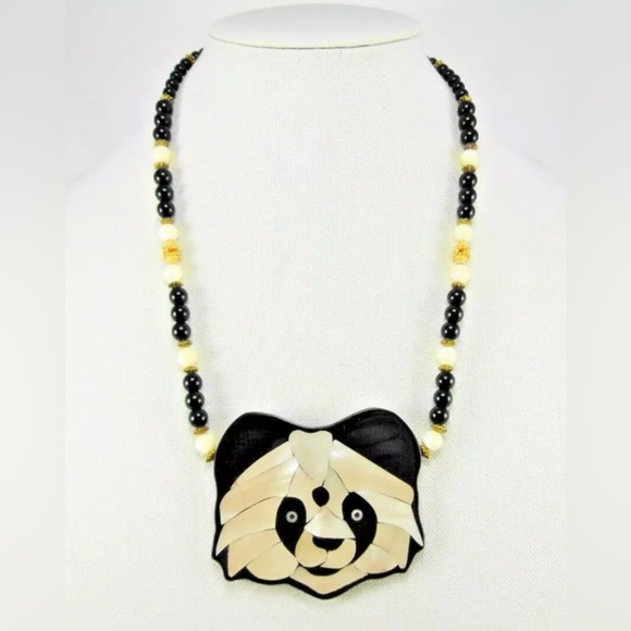 Lee Sands Mother Of Pearl Inlay Panda Opal, Onyx Beaded Necklace 20" - Picture 1 of 6